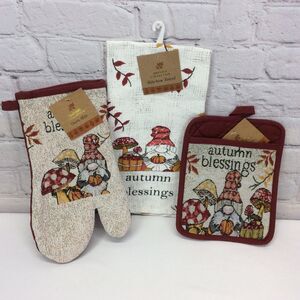 “Autumn Blessings” Gnomes 3 Piece Kitchen Set Dish Towel-Oven Mitt-Pot Holder